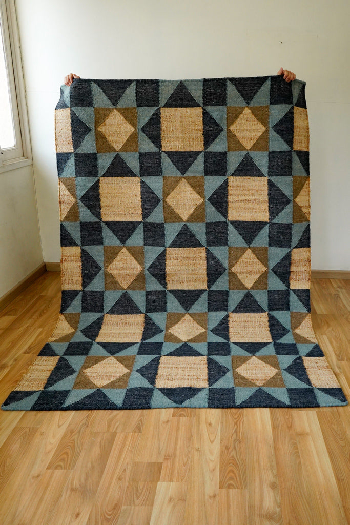 Blue Abstract wool Rug - Flat weave, Modern decor, Minimalistic, Geometric, natural jute rug