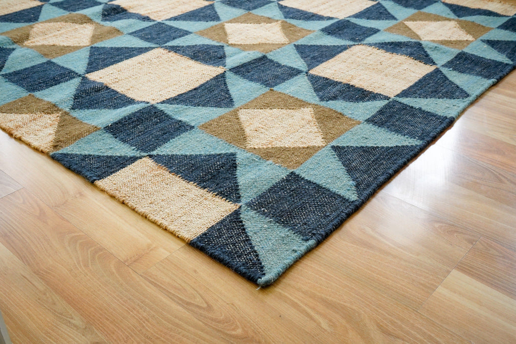 Blue Abstract wool Rug - Flat weave, Modern decor, Minimalistic, Geometric, natural jute rug