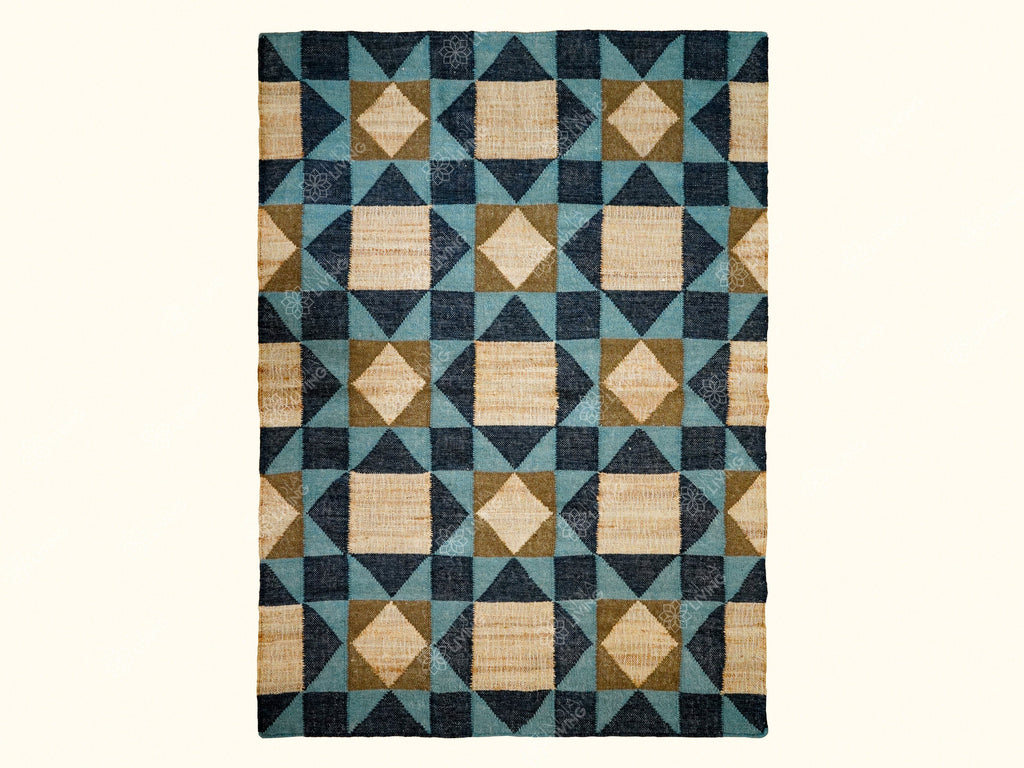 Blue Abstract wool Rug - Flat weave, Modern decor, Minimalistic, Geometric, natural jute rug