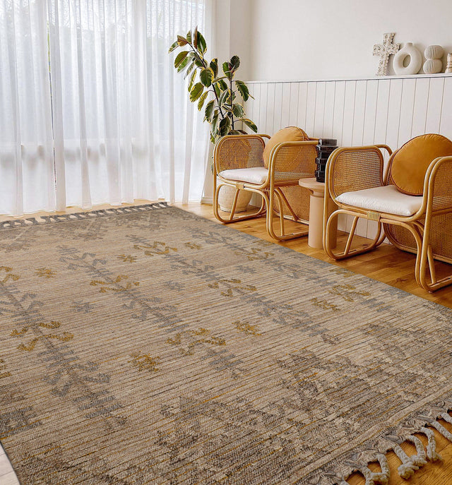 Beige grey artistic kilim rug flat lay full view