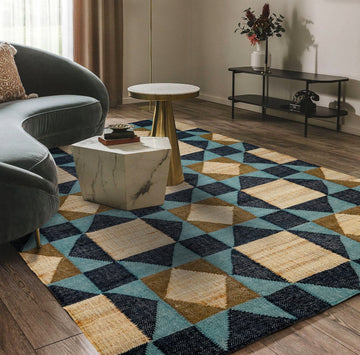 Blue Abstract wool Rug - Flat weave, Modern decor, Minimalistic, Geometric, natural jute rug