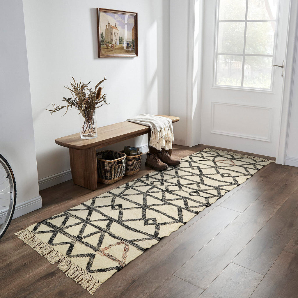Abstract White Hallway Runner rug, Handwoven Indoor boho Stairway runner, White Black wool Runner, Entryway, Hallway, Stairs Runner Rug