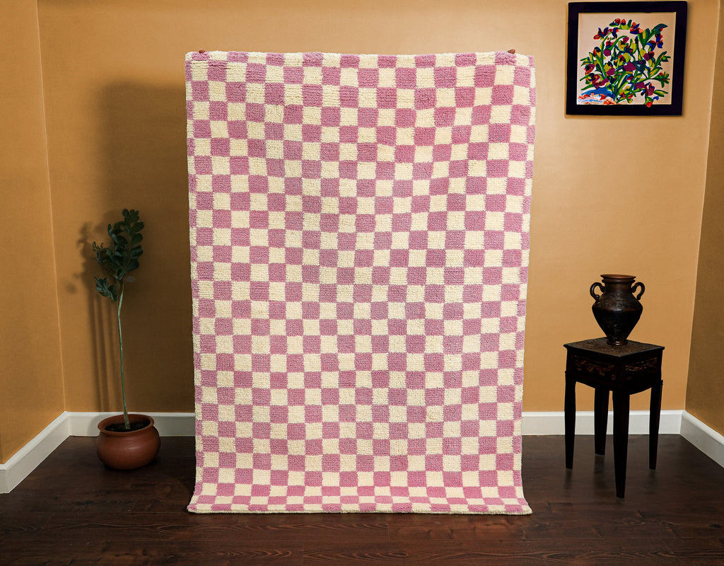 Pink Checkered rug - Hand Knotted Premium Geometric Modern decor rug, Custom made in all sizes