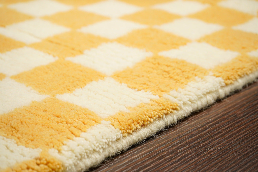 Yellow checkered Wool rug - Hand knotted, Super soft, Geometric abstract, Custom made