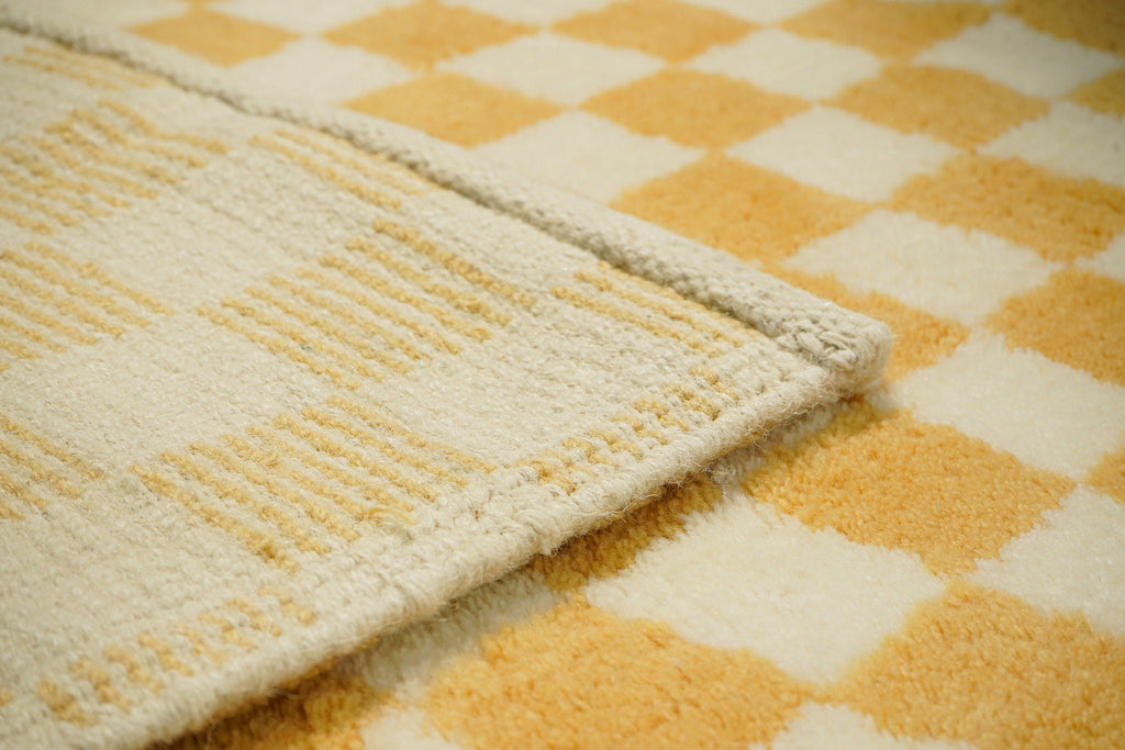 Yellow checkered Wool rug - Hand knotted, Super soft, Geometric abstract, Custom made