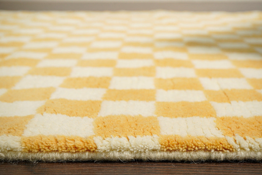 Yellow checkered Wool rug - Hand knotted, Super soft, Geometric abstract, Custom made