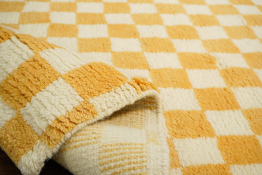 Yellow checkered Wool rug - Hand knotted, Super soft, Geometric abstract, Custom made