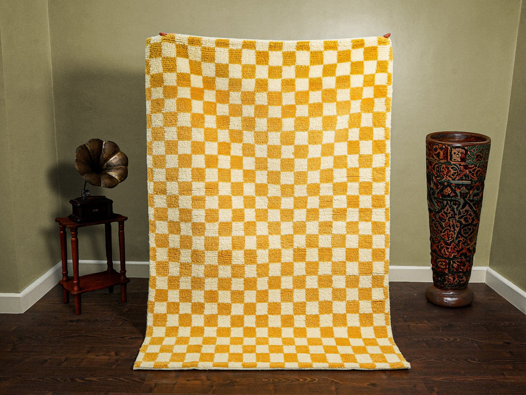 Yellow checkered Wool rug - Hand knotted, Super soft, Geometric abstract, Custom made