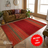 Red diamond-pattern kilim rug, full flat view
