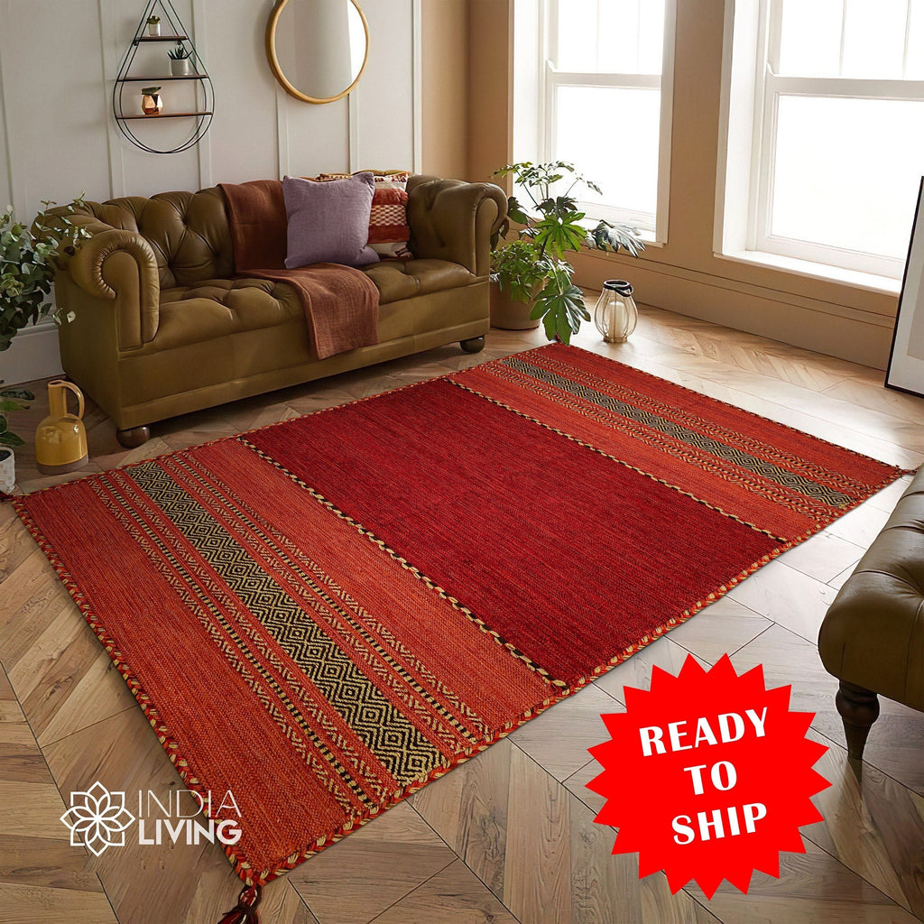 Red Kilim Rug | Handwoven Indian Rug | Artistic Moroccan Style Rug | Ethnic Living Room Rug with Cushions | Bohemian Hallway Runner