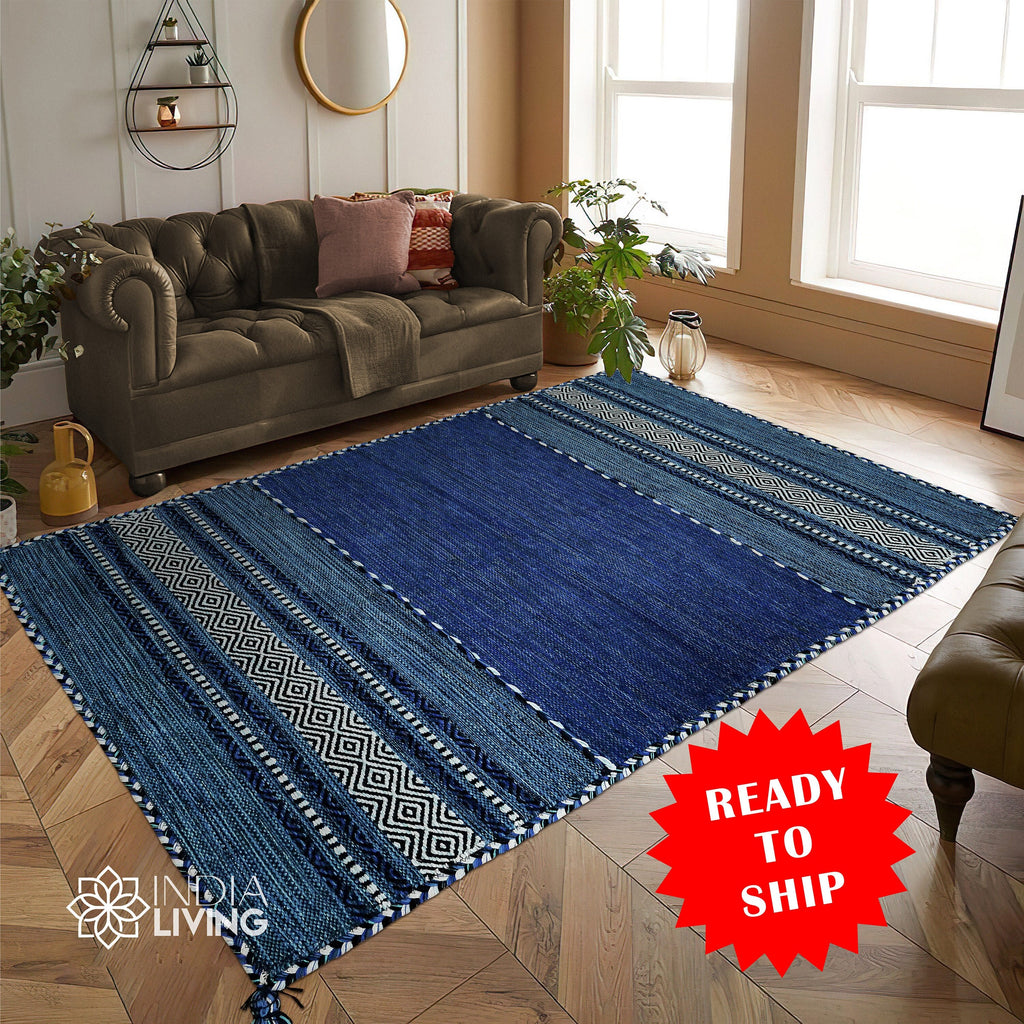 Blue Kilim Rug, Moroccan Inspired Ethnic Decor Bohemian Indian Handmade Flat weave carpet