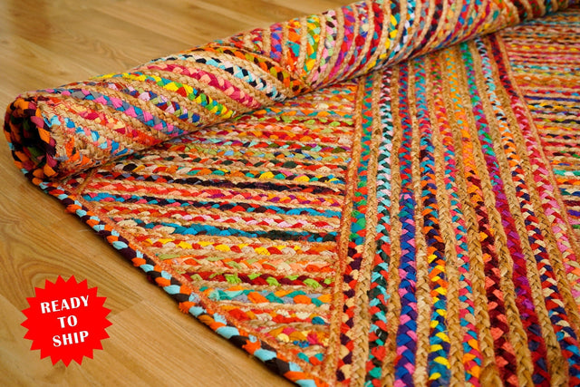 Striped chindi jute rag rug laid flat showing full pattern