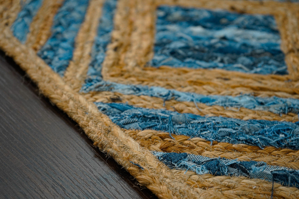 Blue Jute Rug - Natural Braided Boho Jute Area Rug, Living room Decorative, Custom made Natural jute rug Bohemian decor, Jute runner rug