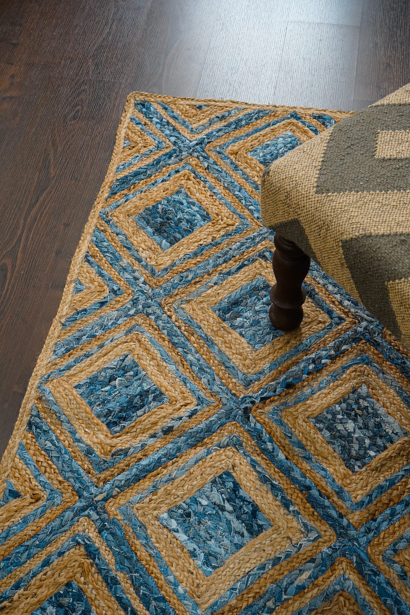 Blue braided jute rug, flat lay view