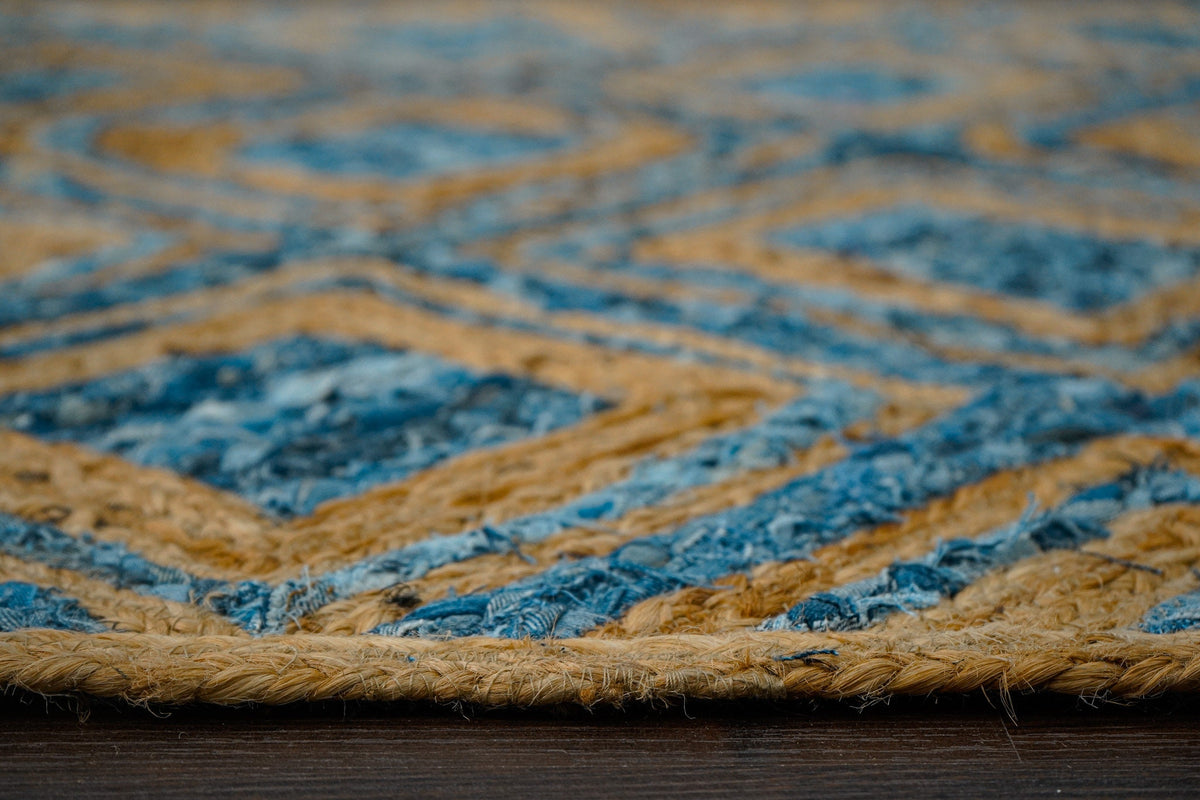 Blue braided jute rug runner styled in hallway