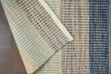 Full view of blue flatweave rug on floor