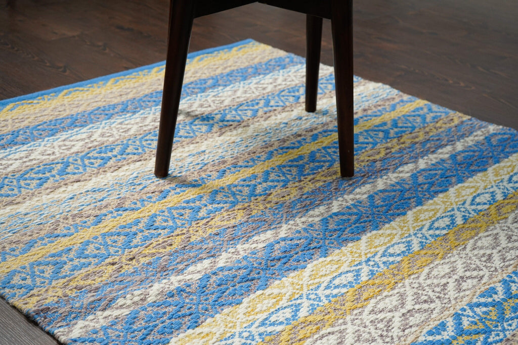 Premium quality Modern Textured wool Rug - Abstract Flatweave striped Kilim, Blue and Yellow, Custom made