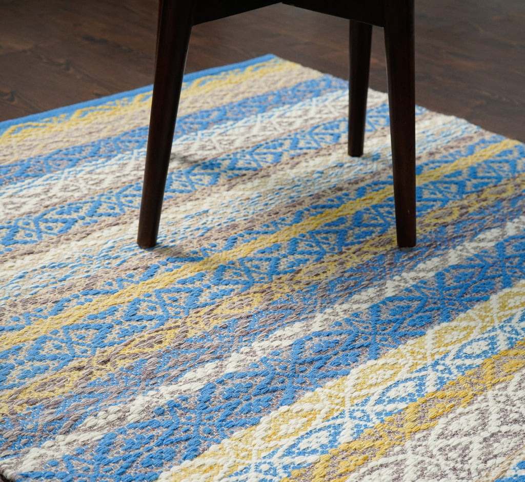 Premium quality Modern Textured wool Rug - Abstract Flatweave striped Kilim, Blue and Yellow, Custom made