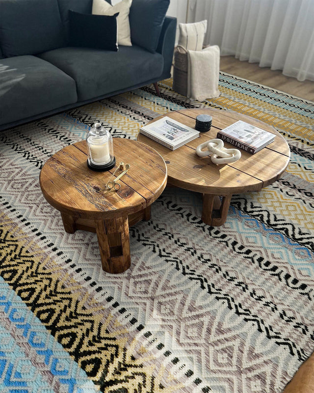 Striped kilim rug styled in a living room setting