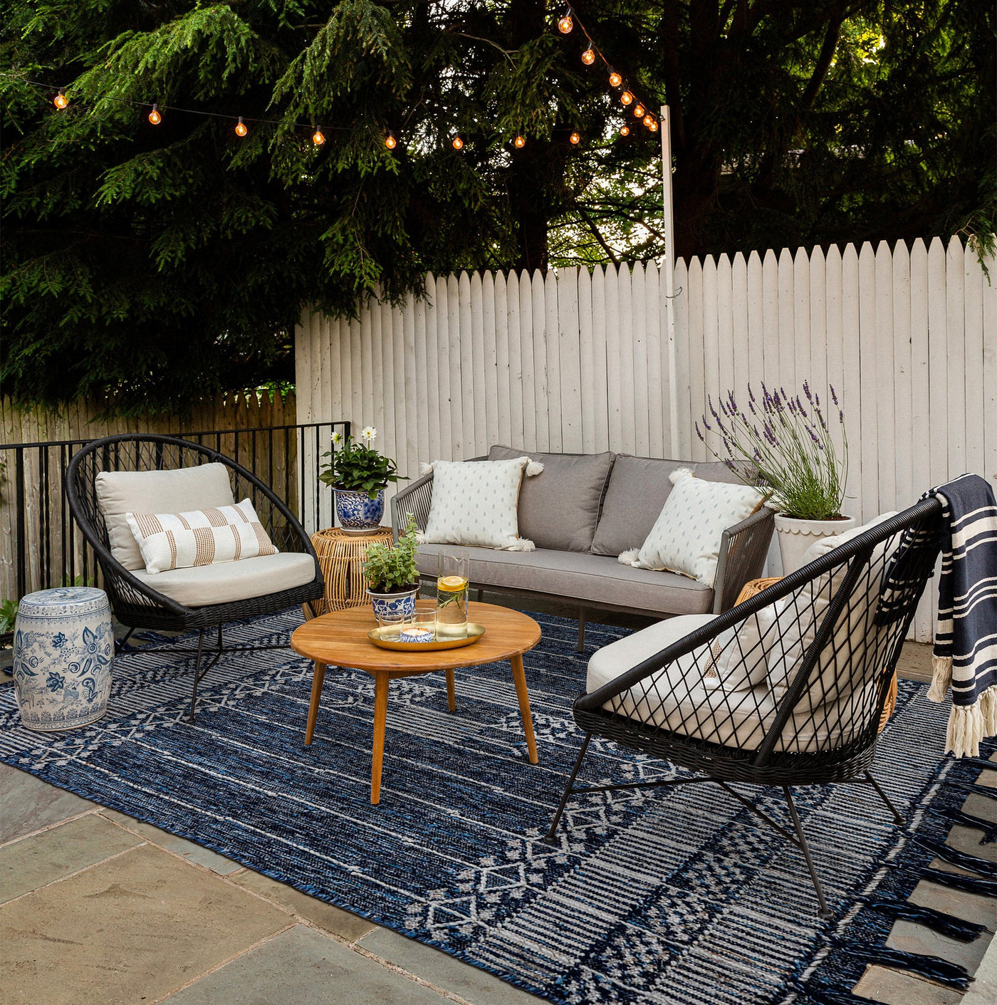 Dark denim blue wool kilim rug, flat lay view
