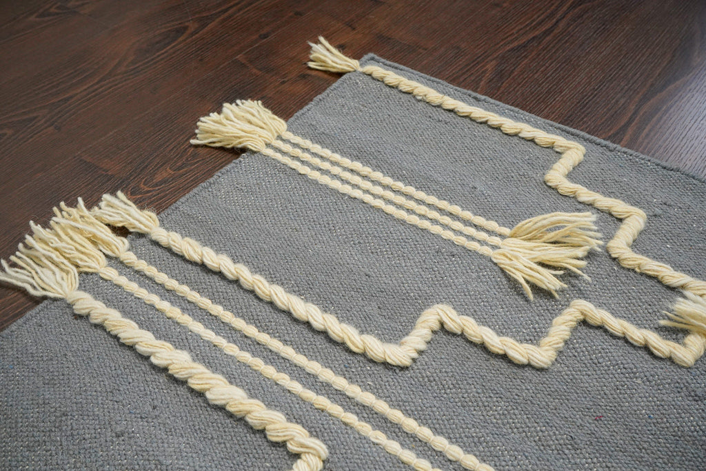 Gray Bohemian Tasseled wool area rug, Geometric Tassel rug, Tribal Area rug for living room, Custom made in any size