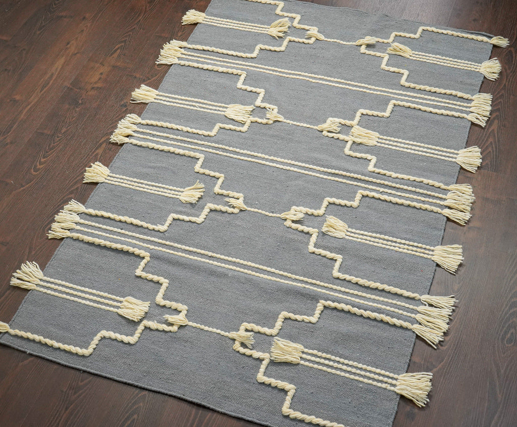 Gray Bohemian Tasseled wool area rug, Geometric Tassel rug, Tribal Area rug for living room, Custom made in any size