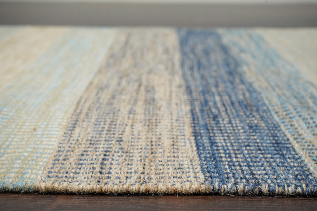 Blue striped Modern Textured wool Rug , Minimalistic Abstract decor, Bohemian inspired flat weave rug, Custom made