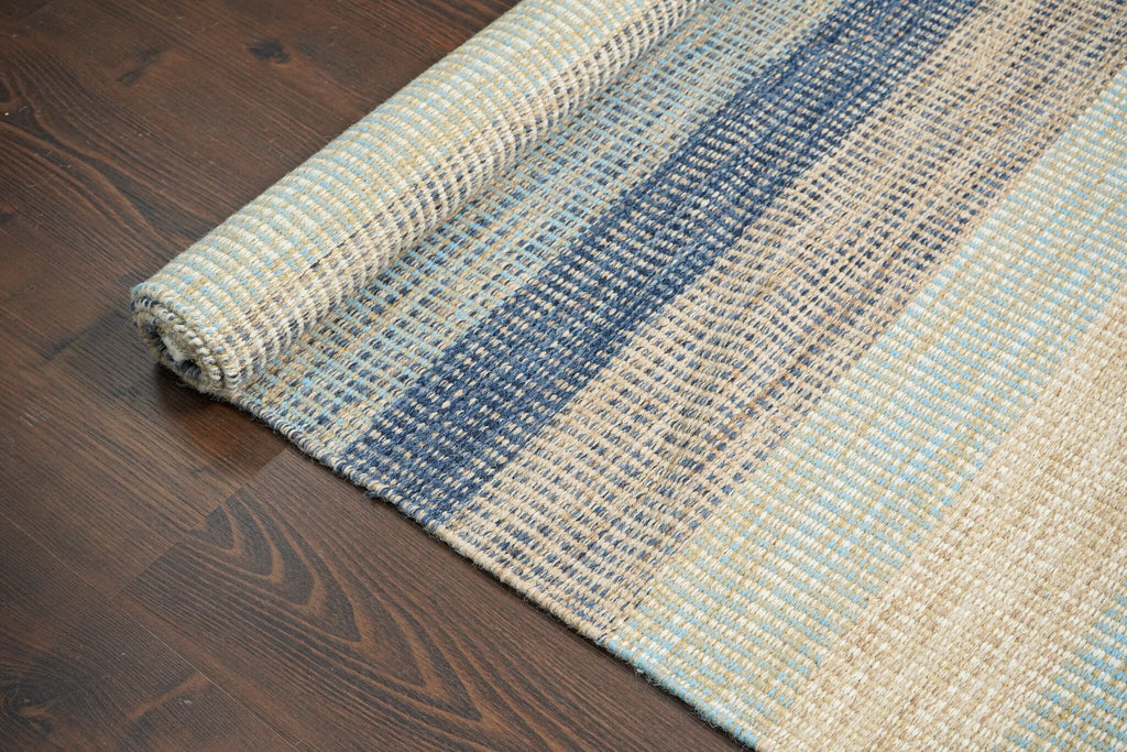 Blue striped Modern Textured wool Rug , Minimalistic Abstract decor, Bohemian inspired flat weave rug, Custom made