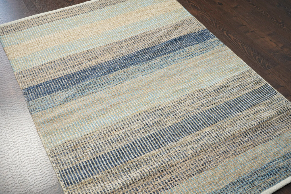 Blue striped Modern Textured wool Rug , Minimalistic Abstract decor, Bohemian inspired flat weave rug, Custom made