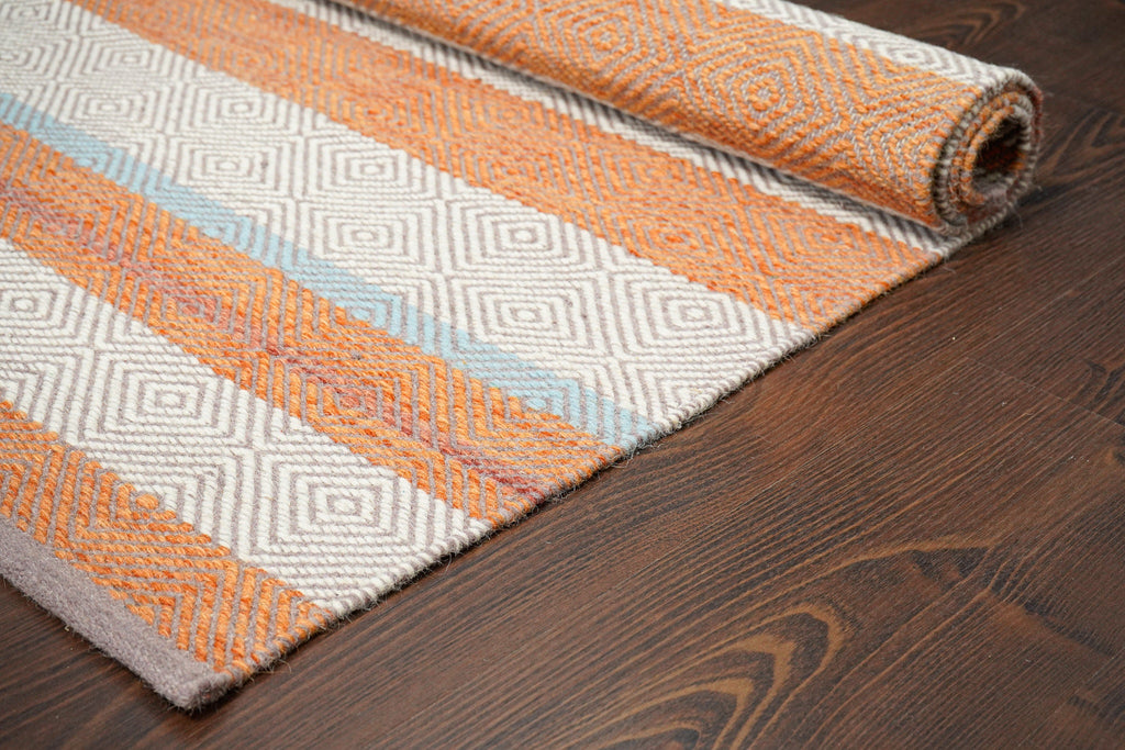 Bohemian striped Orange Kilim Rug - Hand woven, Modern, Abstract, Flat weave rug, Custom made