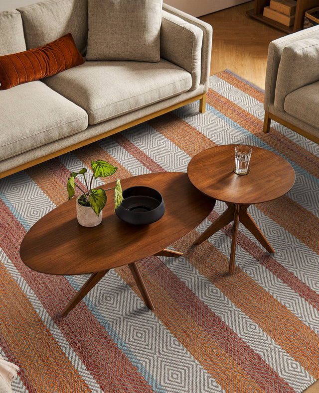 Striped orange wool kilim rug flat view