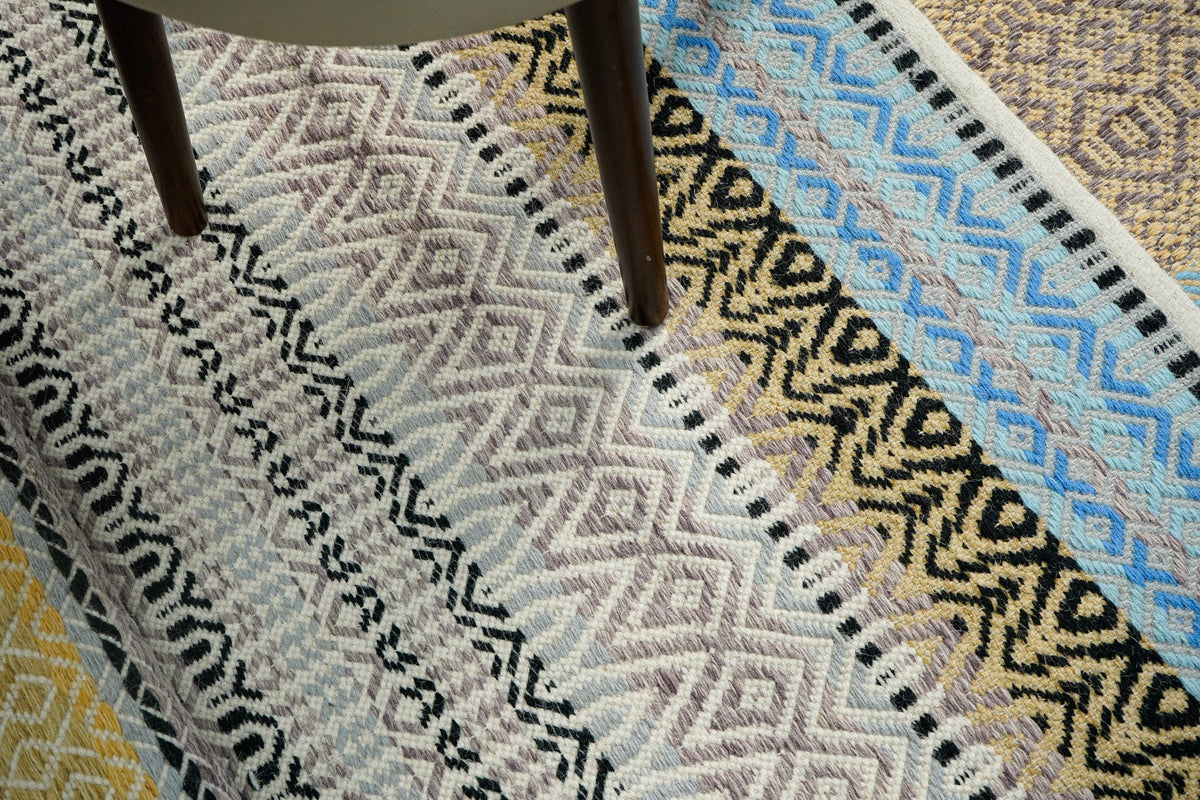 Multi striped wool rug full flat lay top view