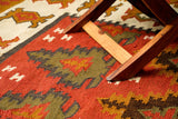 Close-up of the red geometric flatweave pattern