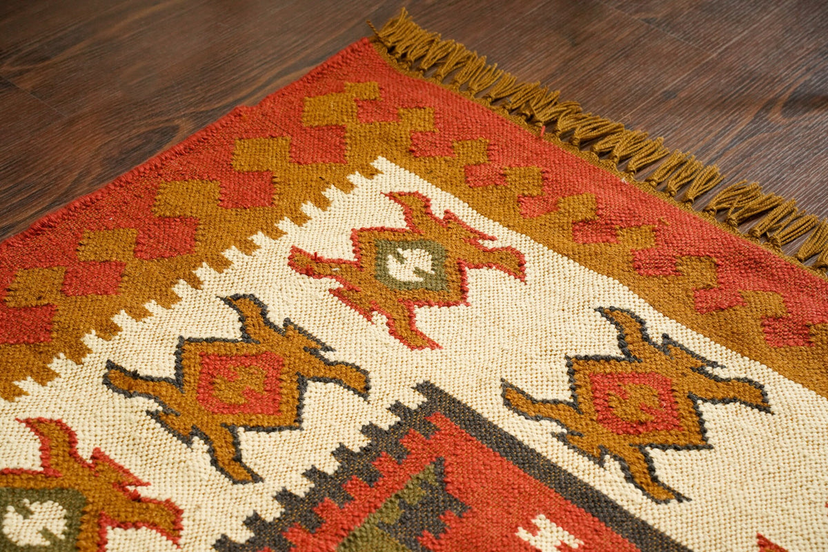 Southwestern red kilim rug texture close-up