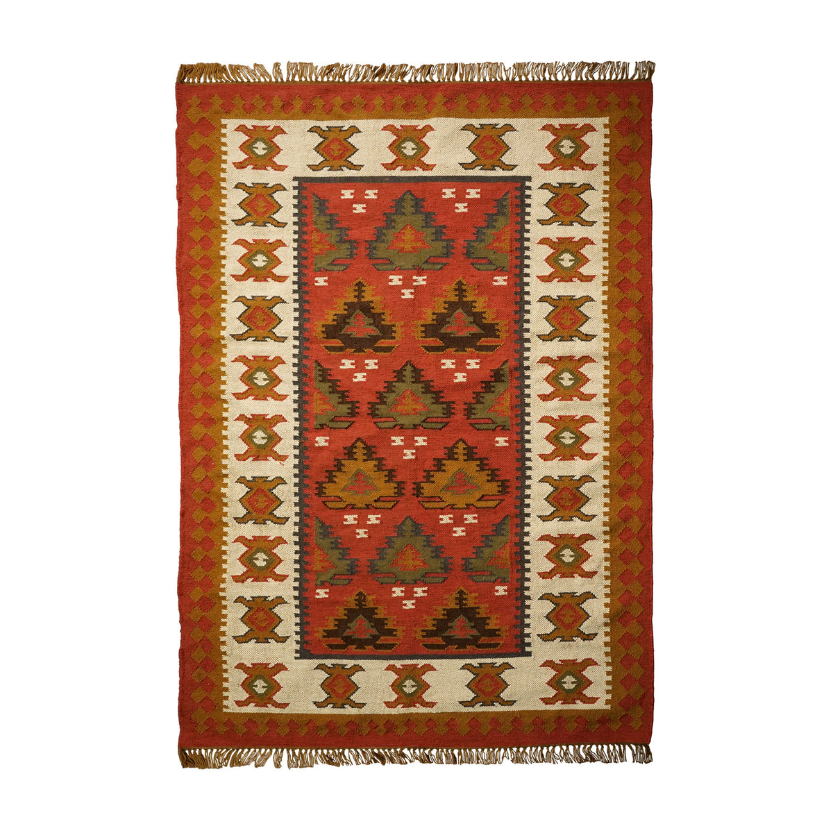 Southwestern red kilim rug used as an outdoor patio rug