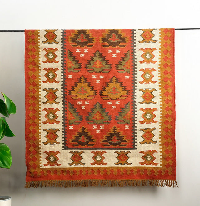 Southwestern red kilim rug styled in a living room