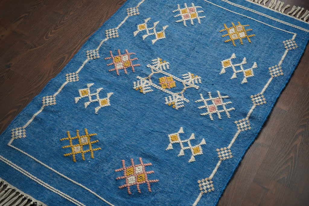 Blue Patio Rug, Bohemian Rug, Flat weave, Sustainable decor, Indoor - outdoor rug , Custom made