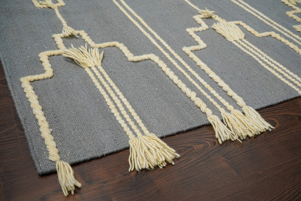 Gray Bohemian Tasseled wool area rug, Geometric Tassel rug, Tribal Area rug for living room, Custom made in any size