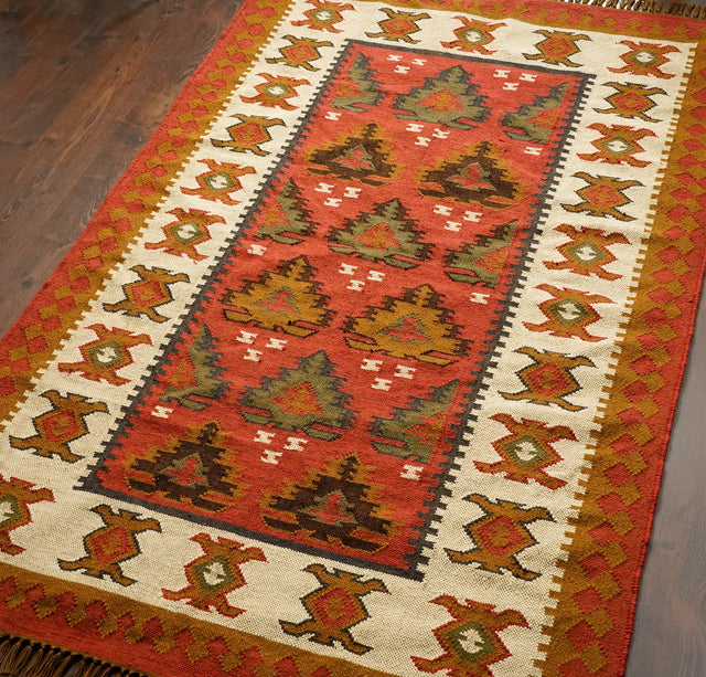 Southwestern red kilim rug flat view showing full pattern