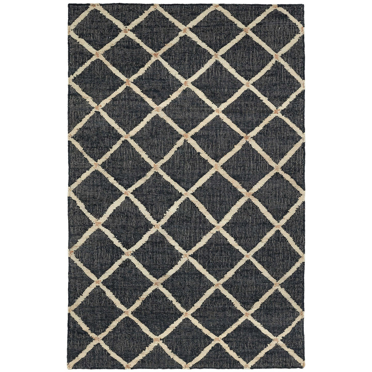 Overhead view of black geometric jute rug