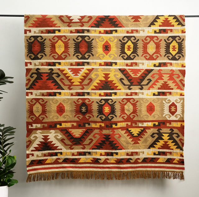 Navajo style wool jute kilim rug flat lay showing pattern
