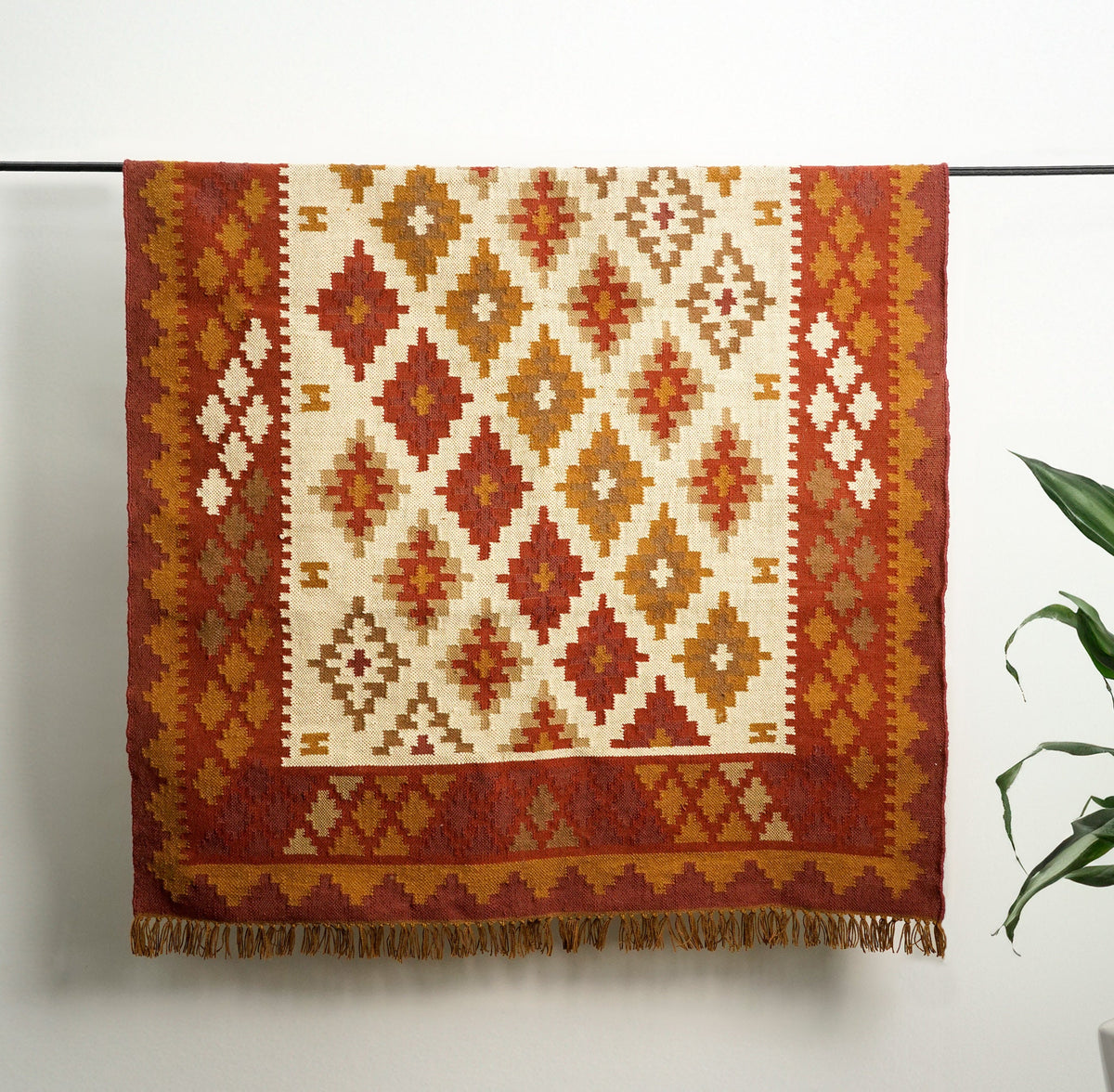 Navajo rug placed on covered patio setting