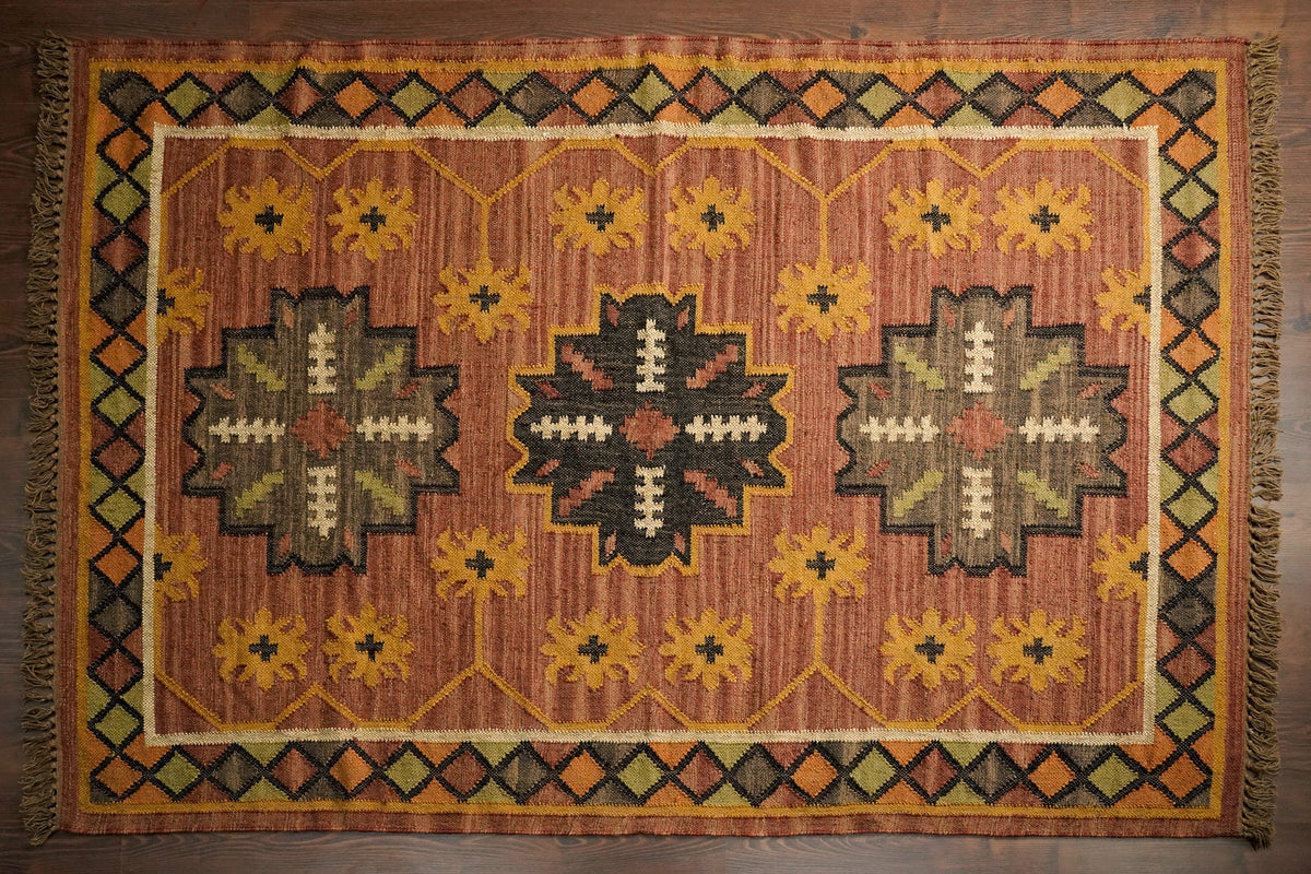 Full top-down view of southwestern kilim rug