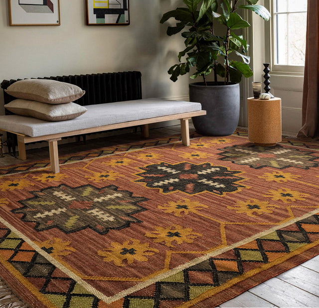 Navajo inspired southwestern kilim rug, flat lay view