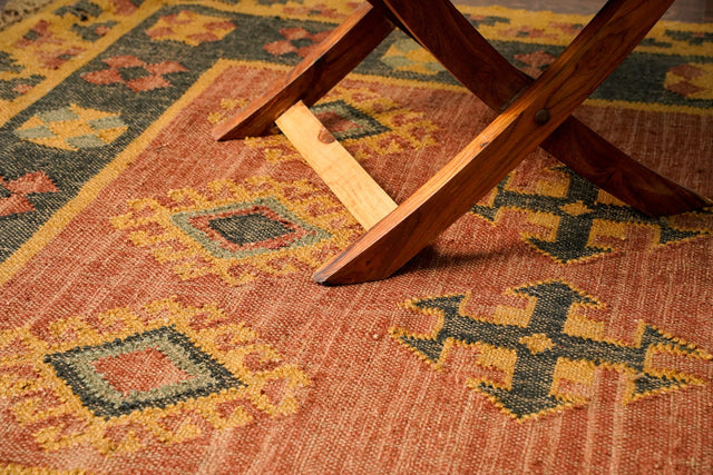 Orange Navajo wool jute kilim rug flat view