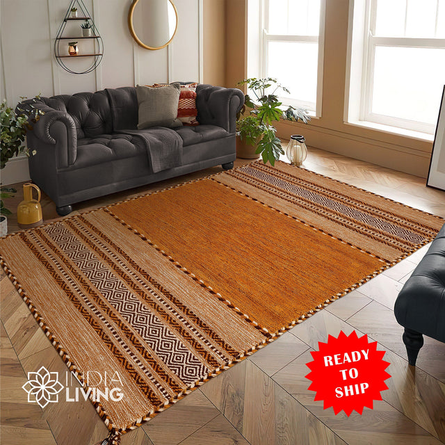 Brown kilim rug styled in a living room