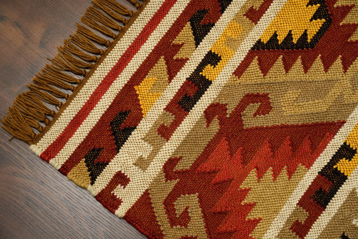 Full view of Navajo wool jute rug on wood floor