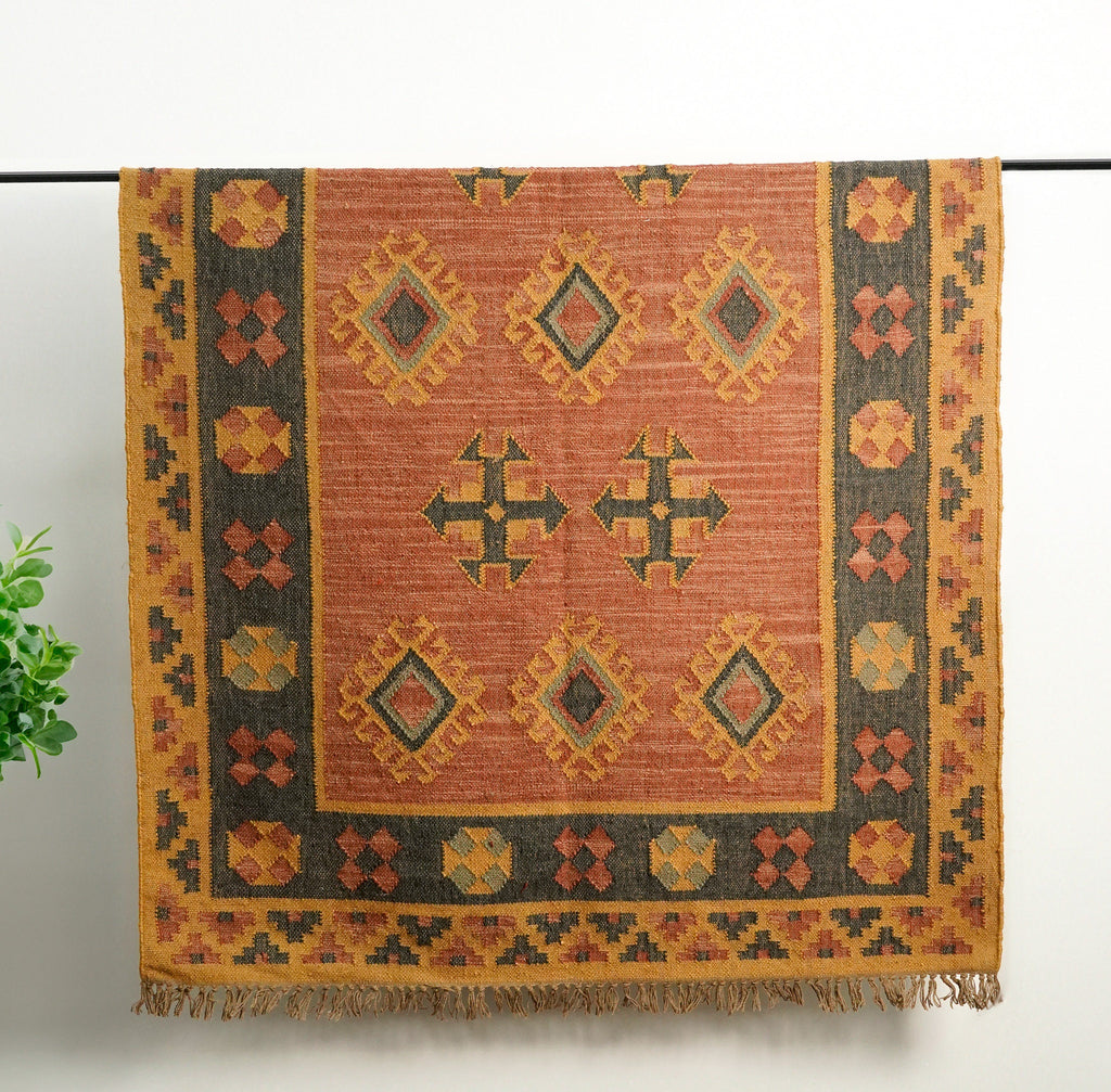 Orange Navajo wool jute Kilim Area Rug, Aztec tribal Rug, Handwoven boho decor Living room rug, Antique look, Custom made in all sizes