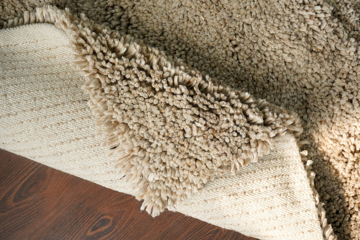 Beige rug under coffee table in living space
