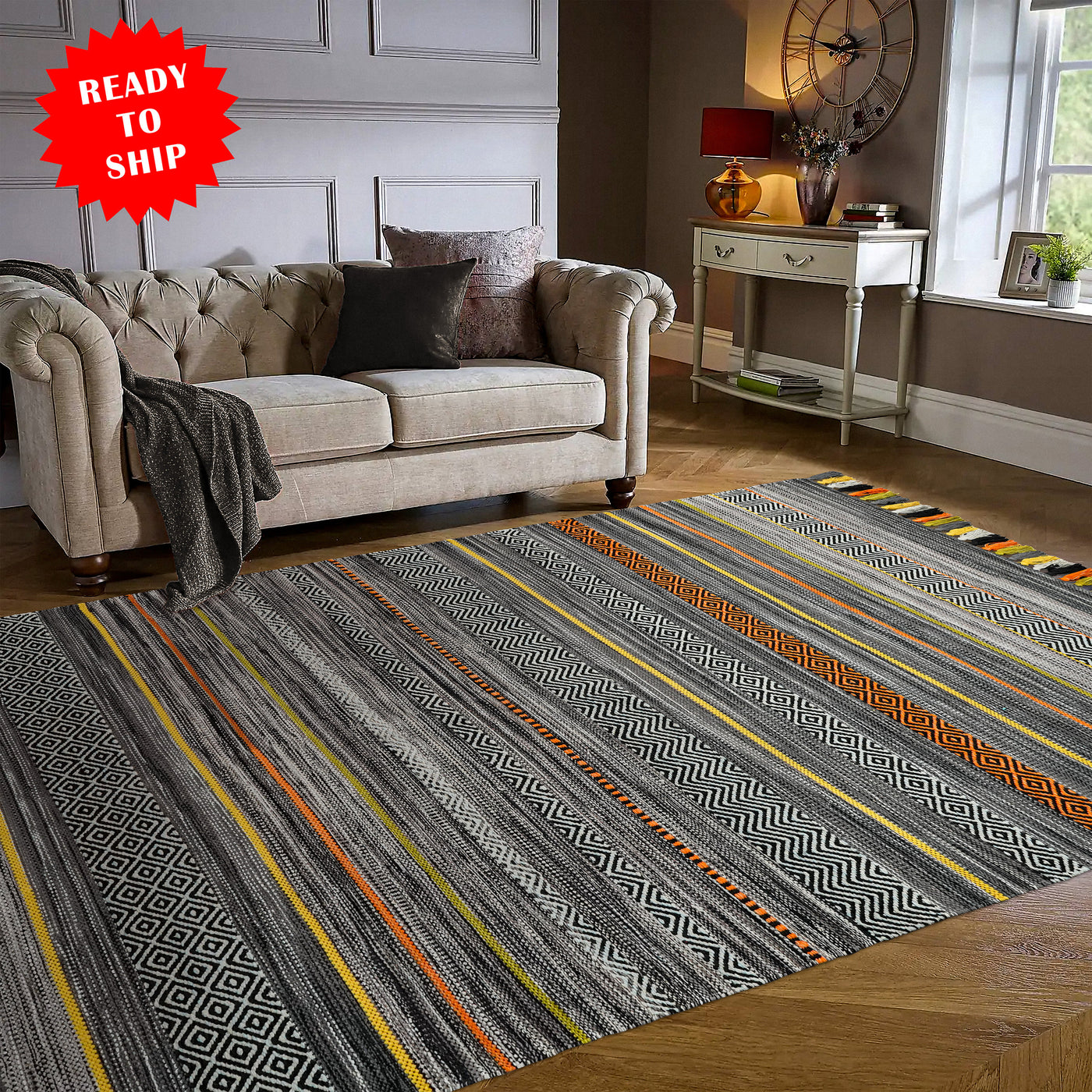 Grey striped cotton chenille rug, full flat view